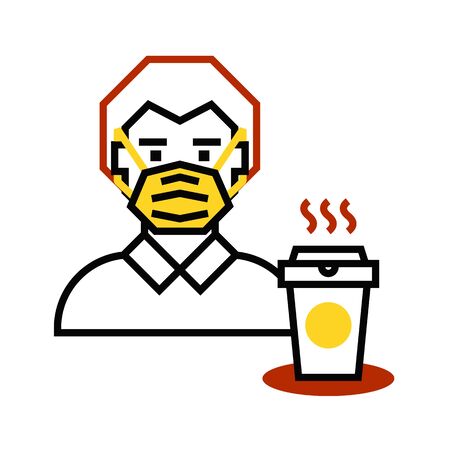 Coffee to go during social isolation and coronavirus. Man in mask with isolated on white backgroundのイラスト素材