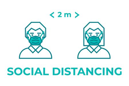 Man and woman wearing face mask maintain social distancing. Precautions for the coronavirus. Steps to protect yourself.のイラスト素材