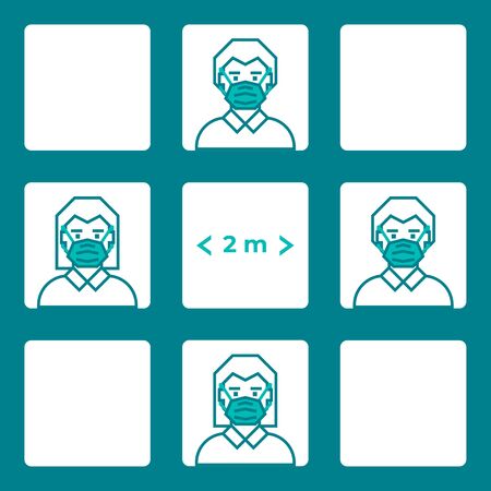 Pattern man and woman wearing face mask maintain social distancing. Precautions for the coronavirus. Steps to protect yourself.のイラスト素材