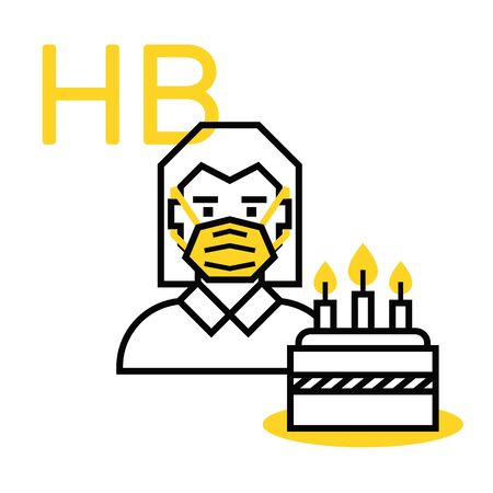 Birthday concept during social isolation and coronavirus. Woman in mask with cake isolated on white background.のイラスト素材