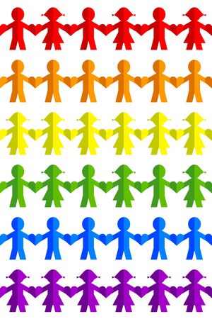 Rainbow flag made of a chain of colored paper people figures holding hands isolated on white background. LGBTQ conceptのイラスト素材