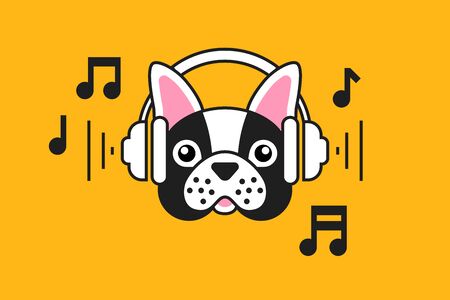 French bulldog with headphones on saffron yellow trendy background. Design for greeting card, sticker, poster, podcast cover and t shirtsのイラスト素材