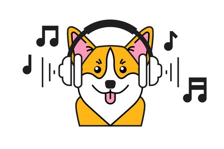 Welsh corgi with headphones isolated on white background for your projects.のイラスト素材