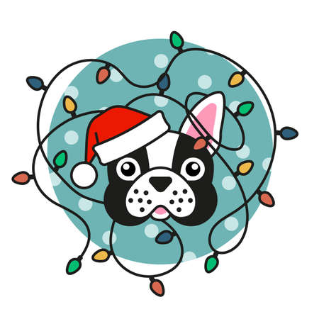 Cute pug dog in santa hat with christmas lightsのイラスト素材