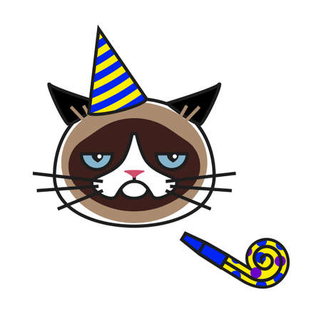 Grumpy cat in party hat with party horn blowerのイラスト素材
