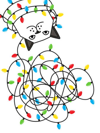 Cat tangled christmas lights. Creeting card designのイラスト素材