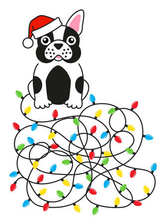 Dog bulldog tangled christmas lights Greeting cardのイラスト素材