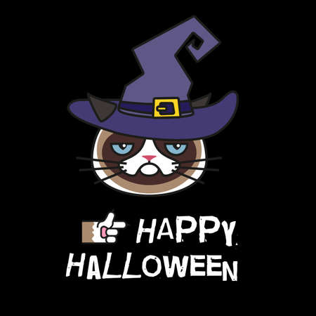 Grumpy cat in witch costume. Happy halloweenのイラスト素材
