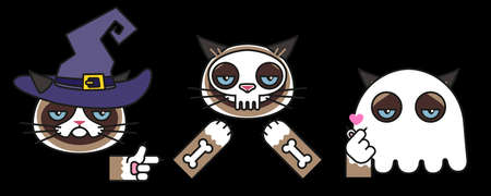 Grumpy cats in halloween skeleton, witch ghostのイラスト素材