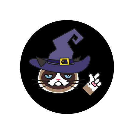 Grumpy cat in witch costume sticker. Halloweenのイラスト素材