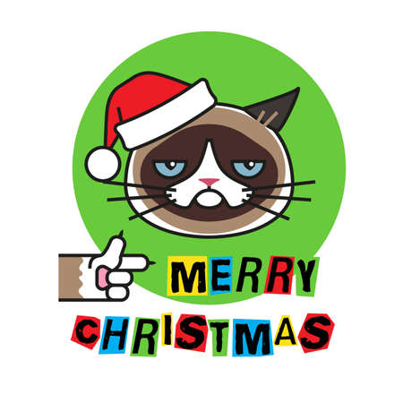 Grumpy cat in christmas hat. Merry christmasのイラスト素材