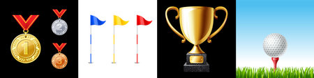 Golf icon set. Flag, ball, trophy cup and medalのイラスト素材