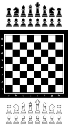 Black and white chess set with chess boardのイラスト素材