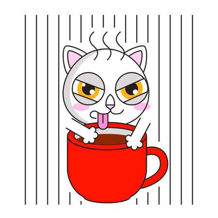 Cute cat with cup of coffee stickerのイラスト素材