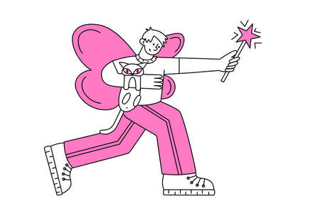 Fairy man in pink with cat creates magicのイラスト素材