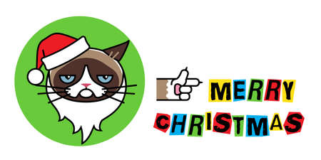Grumpy Santa Claus cat in christmas hatのイラスト素材