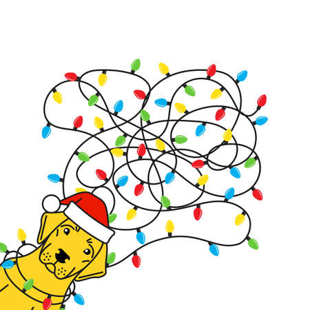 Labrador tangled christmas lights in santa hatのイラスト素材