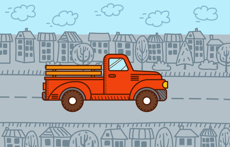 Retro red pickup truck in the cityのイラスト素材