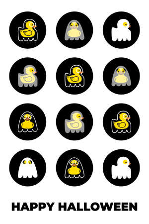 Halloween greeting card. Cute Yellow ducks ghostsのイラスト素材
