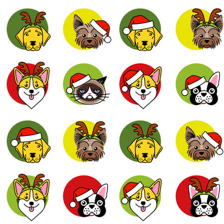 Dogs and cat in christmas hat seamless patternのイラスト素材