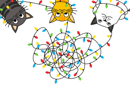 Cats tangled christmas lights on white cardのイラスト素材