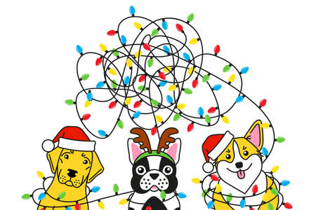 Dogs tangled christmas lights in christmas deerのイラスト素材