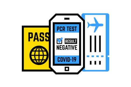 Passport, fly ticket mobile phone with PCR testのイラスト素材