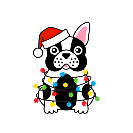 French bulldog in Santa hat tangled Xmas lightsのイラスト素材