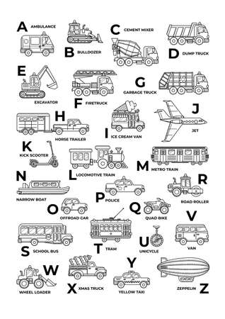 ABC car black and white outline. English Alphabetのイラスト素材