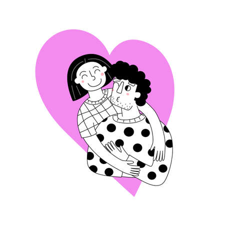 Couple in love on pink heart backgroundのイラスト素材
