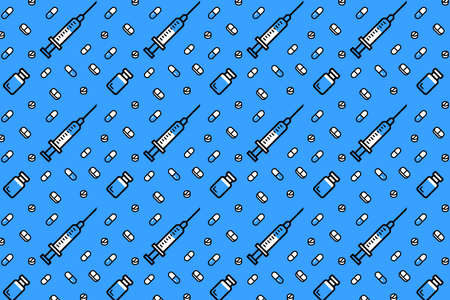 Syringe and vial, pills, vitamins seamless patternのイラスト素材