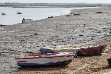 Fishing bay with boats at sea and in the mud and crabs walking in the sandの写真素材