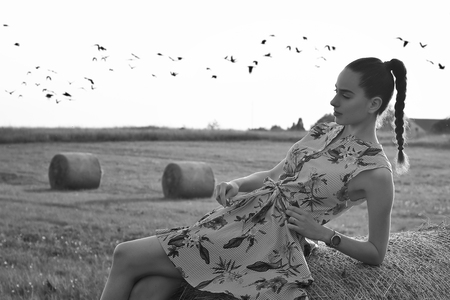 Girl relax on field with flying bird on backgroundの写真素材