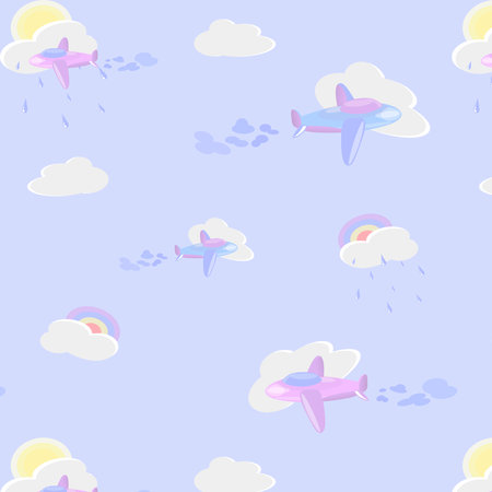 pattern consisting of a cartoon style image of airplanes against a background of clouds, sun and rainbowsのイラスト素材