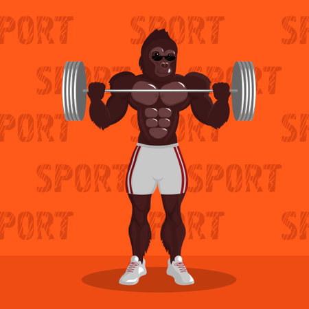 gorilla athlete lifts a barbell, flexes his muscles, biceps and abs, plays sports in shorts and sneakersのイラスト素材