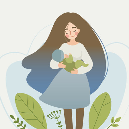 Beautiful young woman holds and breastfeeds a newborn child. Cute lady with long gradient hair feeding her baby.のイラスト素材