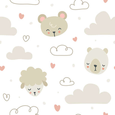 Cute beige cloud and animal head doodle pattern. Seamless texture for textile, fabric, apparel, wrapping, paper, stationery, nursery.のイラスト素材