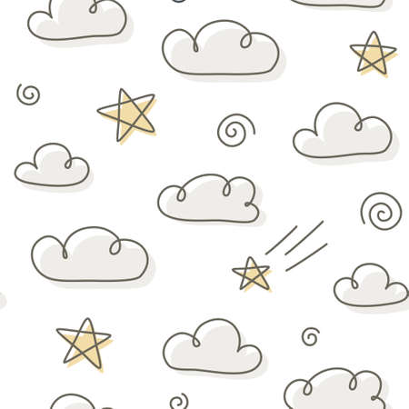 Cute doodle outline cloud sky pattern with falling stars. Seamless texture for textile, fabric, apparel, wrapping, paper, stationery, nursery.のイラスト素材