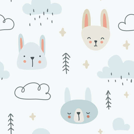 Cute doodle scandinavian bunny pattern with forest tree and rain clouds. Seamless texture for textile, fabric, apparel, wrapping, paper, stationery, nursery.のイラスト素材