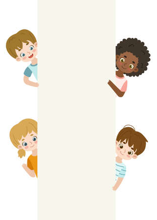 Cute kids peeking out from behind a blank vertical banner. Cartoon children stick out empty board.のイラスト素材