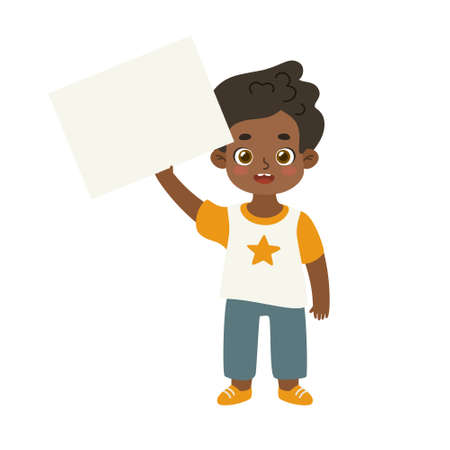 Cute african american boy hold empty banner above his head. Adorable kid showing blank paper sheet.のイラスト素材