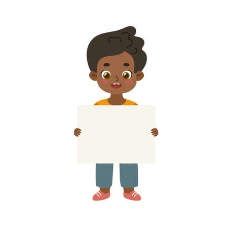 Cute african american kid standing and holding empty banner. Adorable boy showing blank paper.のイラスト素材