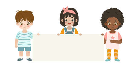 Cute children holding long empty banner. Adorable cartoon kids showing blank placard.のイラスト素材