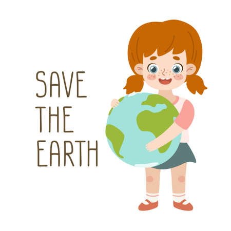 Friendly girl hold the earth planet. Cartoon child with red hair standing and hugging peace.のイラスト素材