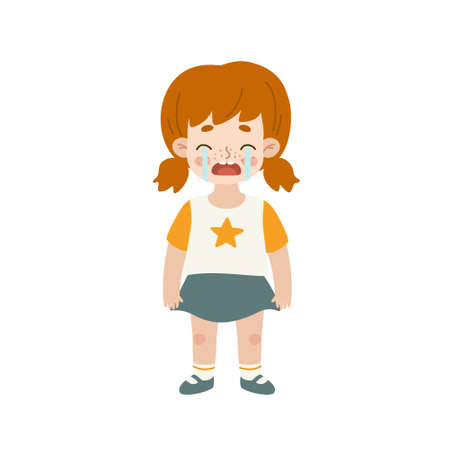 Crying little girl with red hair. Cute sad child. Unhappy weeping toddler.のイラスト素材