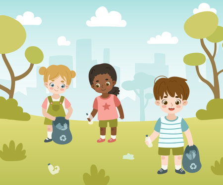 Kids clean city park from plastic waste. Volunteer children collect garbage in forest. Poster about care of environment for school student.のイラスト素材