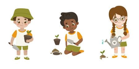 Set of eco friendly children gardening and restoration nature. Collection of little kids gardener.のイラスト素材