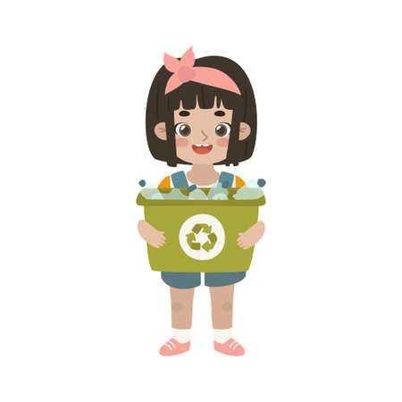 Happy asian girl with green container for recycle. Friendly child hold box with plastic bottles, for recycling.のイラスト素材