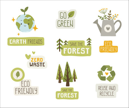 Set of eco friendly stickers. Collection of ecology badges. Bundle of planet earth care, recycling, zero waste.のイラスト素材