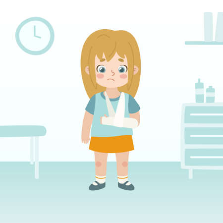 Sad girl in a cast in a medical office. Upset kid with broken hand in gypsum in hospital.のイラスト素材